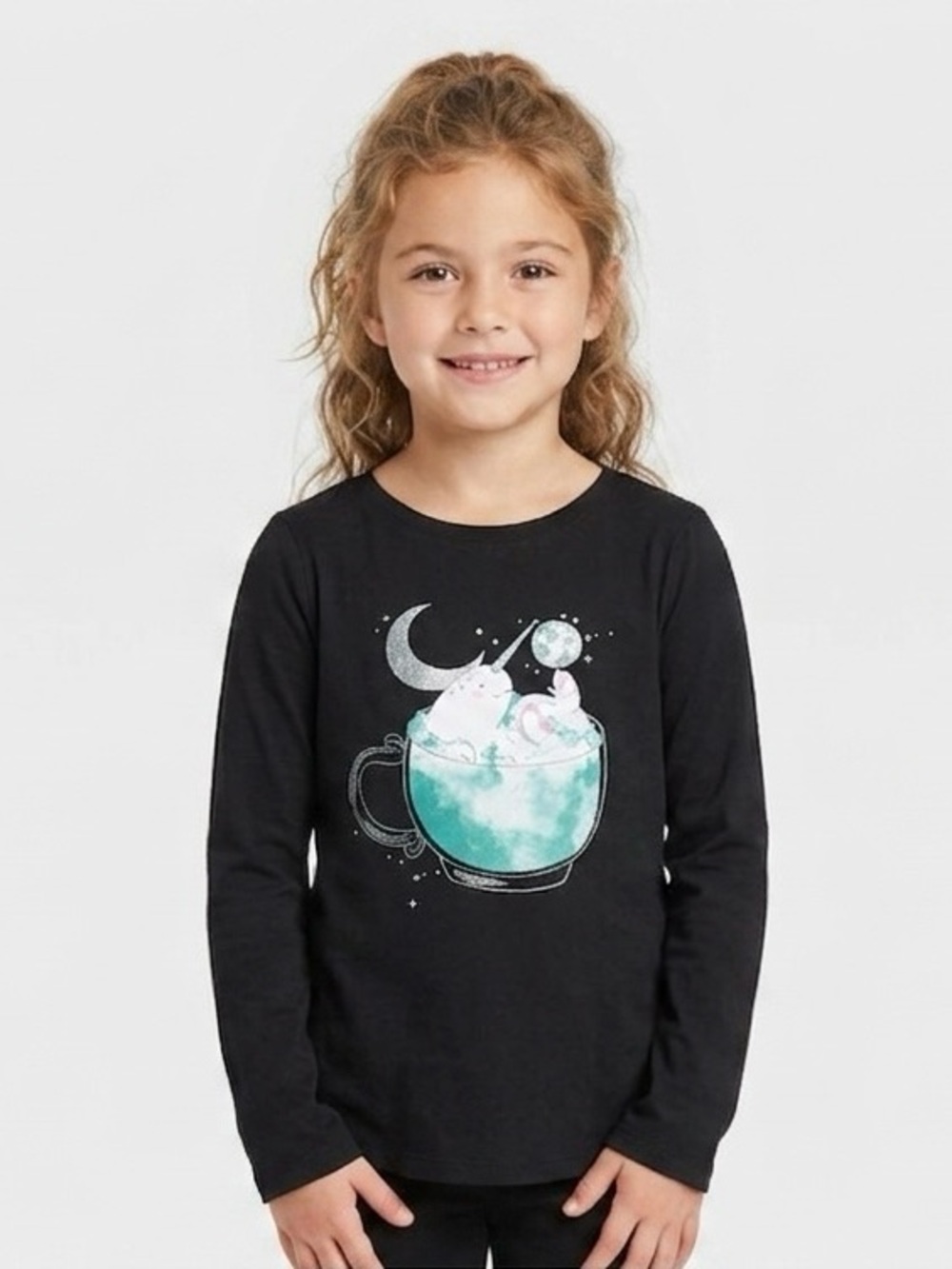 Cat & Jack Black Long Sleeve Tee with Moon and Cup Design